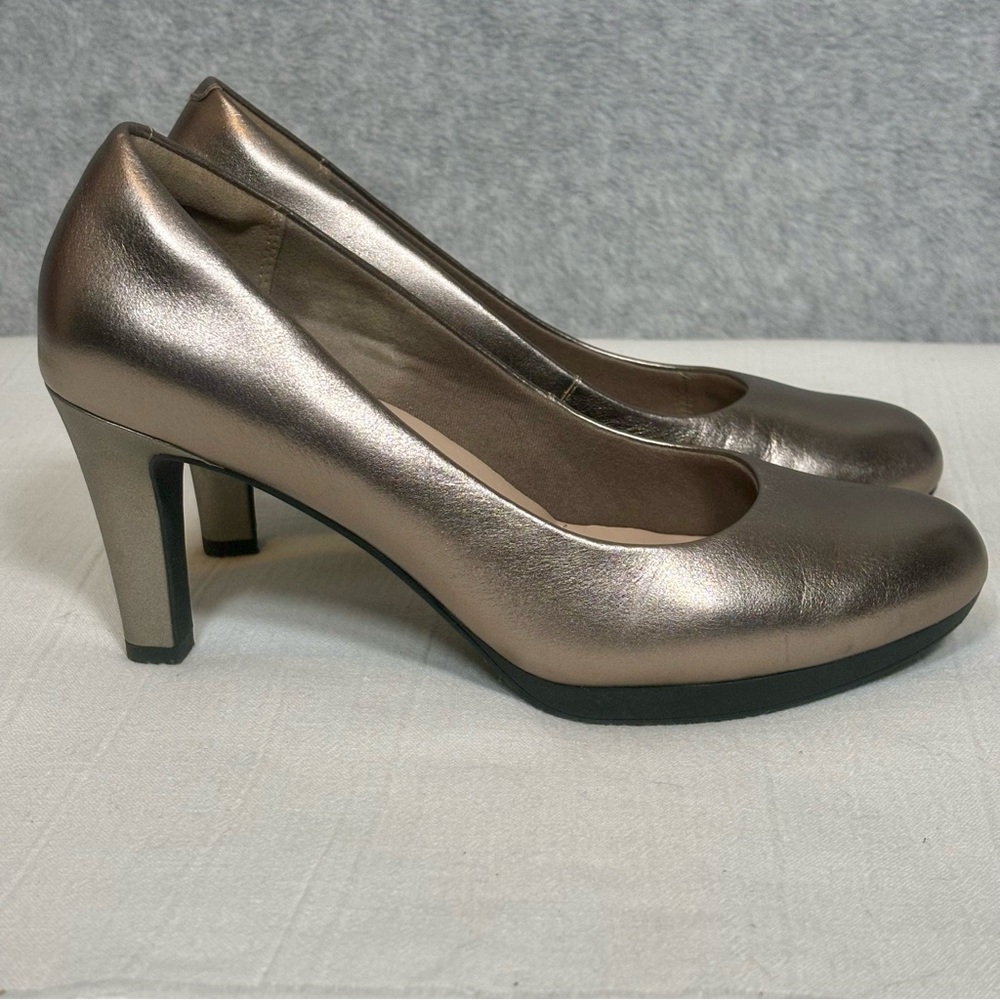 Clarks Ambyr Joy High-Heeled Comfort Leather Pumps Shoes-Gold-Women Size 9